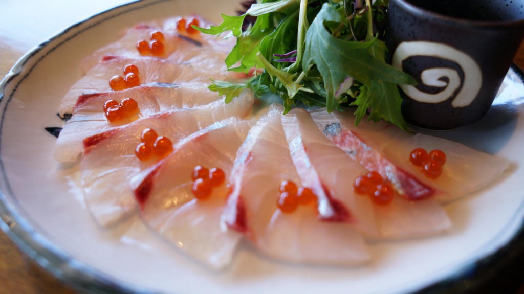 Thin sliced trevally sashimi w PONZU citrus sauce